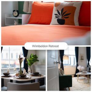 a collage of a bedroom with a bed and a table at Central Wimbledon 2 Bedroom Haven - Minutes to Central London in London