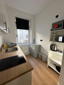 a kitchen with a sink and a counter top at Modern Living Leipzig - Wohnung in Lindenau in Niederdorla +12 photos
