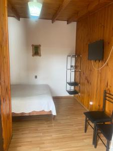 a bedroom with a bed and a tv and a chair at Hostal Centro in Pichilemu
