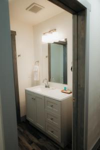 un baño con lavabo y espejo en The IronHorse Inn, en Garden City