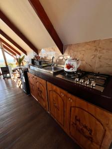 a kitchen with a sink and a stove top oven at Terevaka Lodge Rapa Nui in Hanga Roa