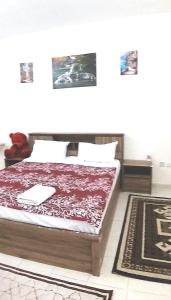 a bedroom with a bed with a red comforter at Dragon Golden Apartment 2 in Dubai