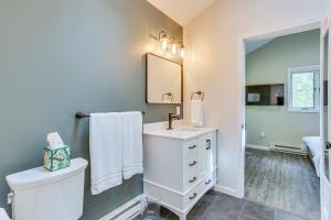 a bathroom with a toilet and a sink and a mirror at 6 Mi to Bushkill Falls Secluded Home with Game Room in Saw Creek +20 photos