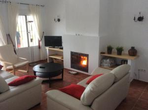 sala de estar con sofá y chimenea en Casa Lake Viñuela, en Viñuela