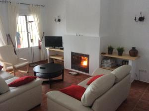 a living room with a couch and a fireplace at Casa Lake Viñuela in Viñuela