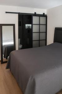 a bedroom with a bed and a bathroom with a mirror at Luxury Loft en el corazón de Providencia - piscina y parking gratis in Santiago +15 photos