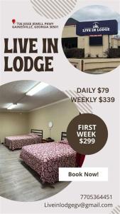 a flyer for a store with two beds in a room at Live in Lodge in Gainesville