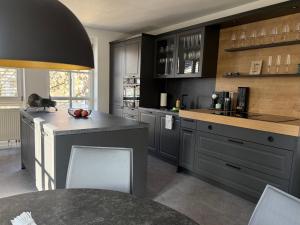 トラウンシュタインにあるTS-Ludwigのキッチン(グレーのキャビネット、テーブル、椅子付)