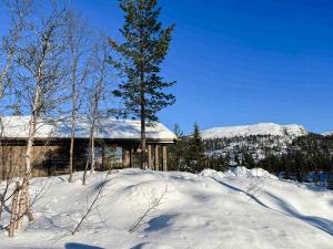 una cabina innevata con un albero di fronte di Nature-Close Cabin By The Water a Eggedal