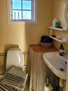 Un baño con inodoro, lavabo y ventana. en Historic Halland Farm Near The Sea In Bua, en Väröbacka
