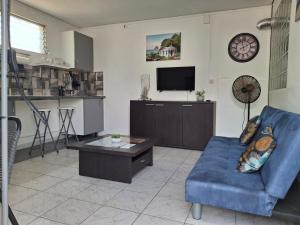 a living room with a blue couch and a tv at Hébergement en rez-de jardin clos - Proche de l'aéroport 4km - Parking gratuit - Commerce et restauration à proximité - Wifi in Le Lamentin