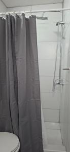 a bathroom with a shower curtain and a toilet at Apart Brumato in Catriel +3 photos