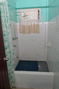 a bathroom with a shower with a blue mat at South Oasis in Georgetown +19 photos