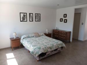 ein Schlafzimmer mit einem Bett und zwei Nachttischen in der Unterkunft ELINOR-CASA PLAYERA in Santa Clara del Mar