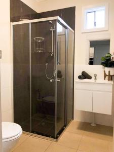 a bathroom with a shower with a toilet and a sink at Charlestown Central 7 Bedrooms Front House and Back Unit in Charlestown