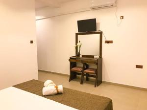 een slaapkamer met een kaptafel en een spiegel bij The Mammoth udawalawe in Udawalawe