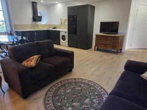 a living room with a couch and a tv at Gîte paisible dans château avec jardin en Auvergne - FR-1-489-604 in Louchy-Montfand