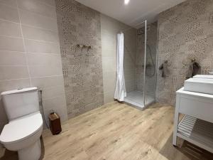 a bathroom with a toilet and a shower and a sink at Gîte paisible dans château avec jardin en Auvergne - FR-1-489-604 in Louchy-Montfand +10 photos