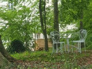 two chairs and a table in a yard with trees at Gîte paisible dans château avec jardin en Auvergne - FR-1-489-604 in Louchy-Montfand