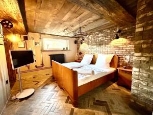 a bedroom with a bed and a tv in it at Bramasole - Wohnung mit Carport in Cottbus