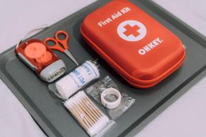 a plastic container with scissors and other items in it at Stylish Minimalist Loft 7 & Gym in Namba Compact Studio 5 in Wada