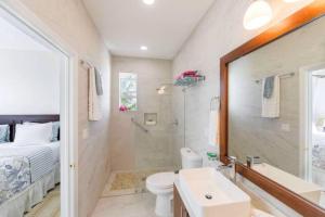 a bathroom with a toilet and a shower and a sink at Wyakha Duplex 1 & 2 in Long Bay Hills