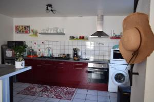 a kitchen with a stove and a washing machine at Gite le GINKGO 50 M2 in Rougegoutte