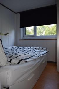 a bed in a room with a window at Kleines Haus Mit Garten, Direkt Hinter Dem Deich in Baarland