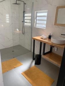 y baño con ducha, mesa y lavamanos. en L horizon, en Ravine des Cabris