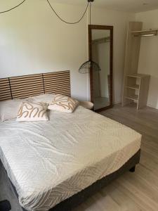 Un dormitorio con una cama grande con dos almohadas. en L horizon, en Ravine des Cabris
