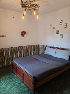a bedroom with a bed with blue sheets and a chandelier at kMT ooty villa mangal niketen in Ooty