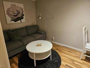a living room with a couch and a table at Liten lägenhet i Smedby, Norrköping in Norrköping
