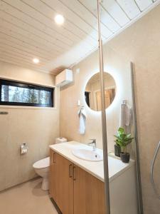 a bathroom with a sink and a toilet and a mirror at Spa Cabin by Hossaville in Hossa