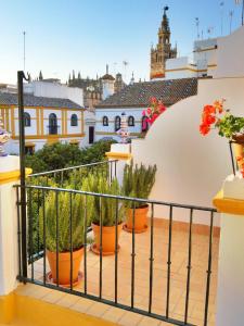 a balcony with potted plants on a building at Hotel Boutique Elvira Plaza in Seville