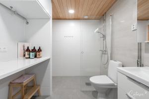 a bathroom with a shower and a toilet and a sink at New apartment with sauna, lake and beach in Tampere