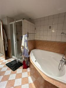 a bathroom with a large tub and a shower at Maison Le Mans in Teloché