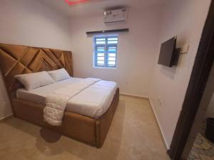 a bedroom with a bed and a window and a television at Oghomwen Lodge and Service Apartment in Benin City +38 photos