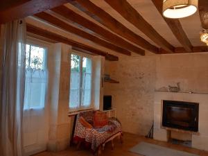 a living room with a fireplace and a television at Etape à Villeperdue in La Barillonnerie