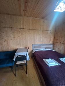 a bedroom with a bed and a chair in a room at Sesili's apartment in Stepantsminda