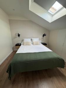 a bedroom with a large white bed with a skylight at Galatea LibroVI Apartamento con arte en sus muros in Alcalá de Henares +15 photos