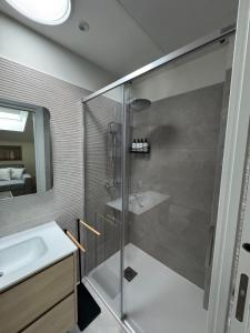 a bathroom with a shower and a sink at Galatea LibroVI Apartamento con arte en sus muros in Alcalá de Henares