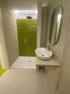 a bathroom with a sink and a green shower at Mediterranea in Arenzano +15 photos