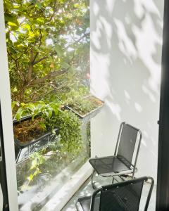een zwarte stoel op een balkon met een plant bij Levi Living in Da Nang +21 foto's
