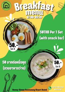 a flyer for a breakfast menu with a plate of food at HOMEY-Sleepy Don Mueang Airport Hostel in Bangkok