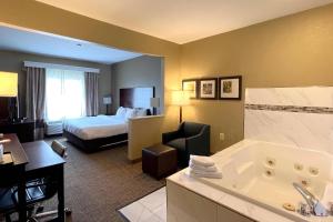 a hotel room with a bathroom with a bed and a tub at Comfort Suites Fort Wayne North in Fort Wayne +21 photos
