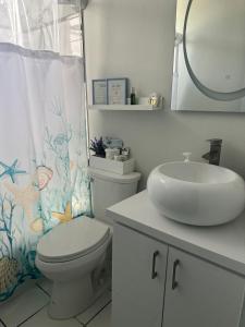 a bathroom with a toilet and a sink with a shower curtain at Pearl of the East in Ceiba with Ocean View and Private Rooftop in Santa Maria