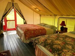 une chambre avec deux lits dans une tente dans l'établissement Cozy Tented Cabin Rental near the Hudson River in Upstate New York, à North River