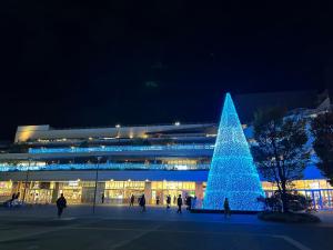 a large blue christmas tree in front of a building at 白樺ハウス女性&家族専用 送迎あり小型犬可 in Chigasaki