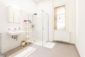 a white bathroom with a shower and a sink at Stilvolles Altbau Apartment - 2 Min zur U-Bahn, Nähe Donaukanal in Vienna