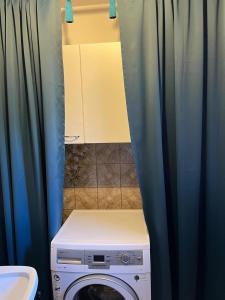 a washing machine in a bathroom with a shower curtain at Ferienwohnung Hakuna Matata in Bad Aussee